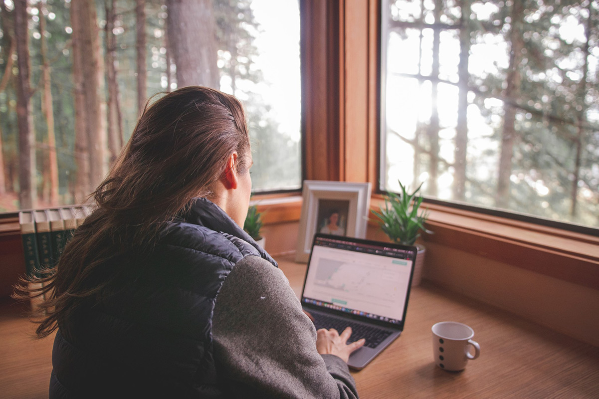 Home office with forested view